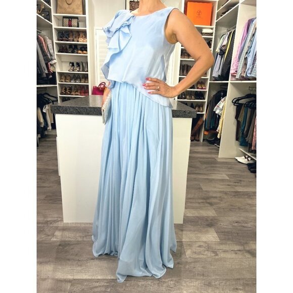 NWT Badgley Mischka Georgette Blue Silk Formal Gown $795 - Picture 9 of 9
